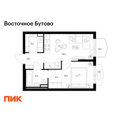 Планировка однокомнатной(квартира) площадью 35.5 квадратных метров в ЖК “ЖК Восточное Бутово”