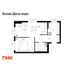Планировка однокомнатной(квартира) площадью 42.7 квадратных метров в ЖК “ЖК Белая Дача парк”