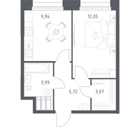 Планировка однокомнатной(апартаменты) площадью 34.77 квадратных метров в ЖК “ЖК Апарт-отель Тропарево парк”