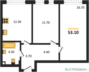 Планировка двухкомнатной(квартира) площадью 53.1 квадратных метров в ЖК “ЖК Шагал”