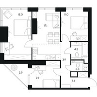 Планировка трехкомнатной(квартира) площадью 75.2 квадратных метров в “ЖК Нексус от Аквилон”