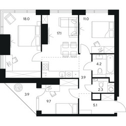 Планировка трехкомнатной(квартира) площадью 75.2 квадратных метров в ЖК “ЖК Нексус от Аквилон”