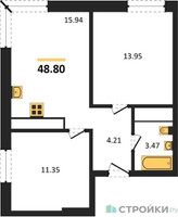 Планировка двухкомнатной(квартира) площадью 48.8 квадратных метров в “ЖК Любовь и голуби”