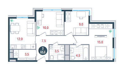 Планировка трехкомнатной(квартира) площадью 65 квадратных метров в ЖК “ЖК РУСИЧ-Кантемировский”