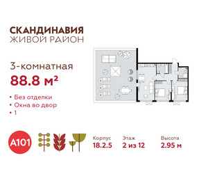Планировка трехкомнатной(квартира) площадью 88.8 квадратных метров в ЖК “ЖК Скандинавия”