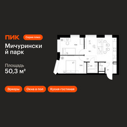 Планировка двухкомнатной(квартира) площадью 50.3 квадратных метров в ЖК “ЖК Мичуринский Парк”