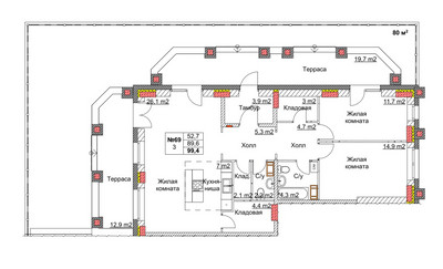 Планировка трехкомнатной(квартира) площадью 101.6 квадратных метров в ЖК “ЖК Клюквенный”