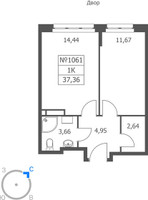 Планировка однокомнатной(апартаменты) площадью 37.36 квадратных метров в “ЖК Волковская 67”