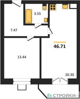 Планировка однокомнатной(квартира) площадью 46.71 квадратных метров в “ЖК Мечта”