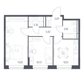 Планировка двухкомнатной(квартира) площадью 51.87 квадратных метров в ЖК “ЖК Богдановский Лес”