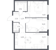 Планировка двухкомнатной(квартира) площадью 53.95 квадратных метров в “ЖК Пригород Лесное”