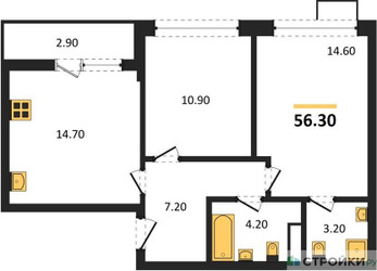 Планировка двухкомнатной(квартира) площадью 56.3 квадратных метров в ЖК “ЖК Родные кварталы”