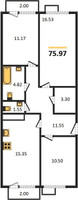 Планировка трехкомнатной(квартира) площадью 75.97 квадратных метров в “ЖК Катуар”
