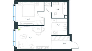 Планировка двухкомнатной(квартира) площадью 39.5 квадратных метров в “ЖК Левел Мичуринский”