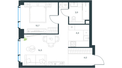 Планировка двухкомнатной(квартира) площадью 39.5 квадратных метров в ЖК “ЖК Левел Мичуринский”