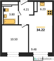 Планировка однокомнатной(квартира) площадью 34.22 квадратных метров в “ЖК Пятницкие луга”