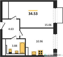 Планировка однокомнатной(квартира) площадью 34.53 квадратных метров в “ЖК Томилино Парк”