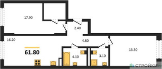 Планировка двухкомнатной(квартира) площадью 61.8 квадратных метров в “ЖК "Коллекция"”