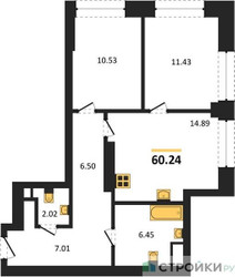 Планировка двухкомнатной(квартира) площадью 60.24 квадратных метров в ЖК “ЖК Sezar City (Сезар Сити)”
