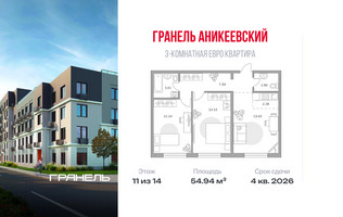 Планировка трехкомнатной(квартира) площадью 54.94 квадратных метров в “ЖК Аникеевский”