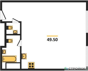 Планировка однокомнатной(апартаменты) площадью 49.5 квадратных метров в ЖК “ЖК Nametkin Tower (Наметкин Тауэр)”