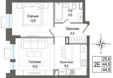 Планировка двухкомнатной(квартира) площадью 44.9 квадратных метров в ЖК “ЖК КИНОКВАРТАЛ”