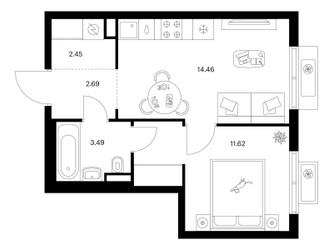 Планировка однокомнатной(квартира) площадью 34.71 квадратных метров в ЖК “ЖК Ильинские луга”