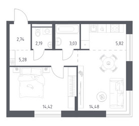 Планировка однокомнатной(квартира) площадью 47.96 квадратных метров в ЖК “ЖК Квартал Авиаторов”