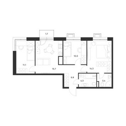 Планировка трехкомнатной(квартира) площадью 66.1 квадратных метров в ЖК “ЖК Форевиль”