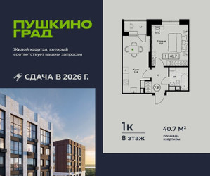 Планировка однокомнатной(квартира) площадью 40.7 квадратных метров в ЖК “ЖК Пушкино Град”