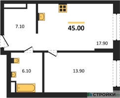 Планировка однокомнатной(квартира) площадью 45 квадратных метров в “Архитектурный проект U2 (ЮТУ)”