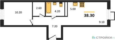 Планировка однокомнатной(квартира) площадью 38.3 квадратных метров в ЖК “ЖК ЭкоБунино (Южное Бунино)”