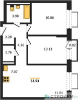 Планировка двухкомнатной(квартира) площадью 52.53 квадратных метров в “ЖК Новое Видное”