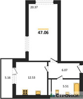 Планировка однокомнатной(квартира) площадью 47.06 квадратных метров в “ЖК Домодедово Парк”