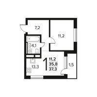 Планировка однокомнатной(квартира) площадью 37.3 квадратных метров в “Новые Ватутинки. Заречный”