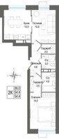 Планировка двухкомнатной(квартира) площадью 54.4 квадратных метров в “ЖК КИНОКВАРТАЛ”