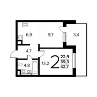 Планировка двухкомнатной(квартира) площадью 42.7 квадратных метров в “Новые Ватутинки. Заречный”