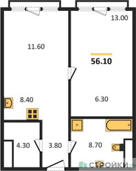 Планировка однокомнатной(квартира) площадью 56.1 квадратных метров в ЖК “ЖК OPUS (Опус)”