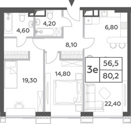 Планировка трехкомнатной(квартира) площадью 80.2 квадратных метров в ЖК “ЖК Will Towers (Вилл Тауэрс)”