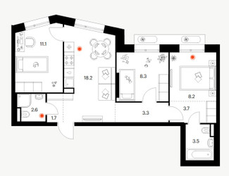 Планировка трехкомнатной(квартира) площадью 60.6 квадратных метров в ЖК “ЖК Саларьево парк”