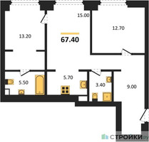 Планировка двухкомнатной(квартира) площадью 67.4 квадратных метров в “ЖК Upside Towers (Апсайд Тауэрс)”