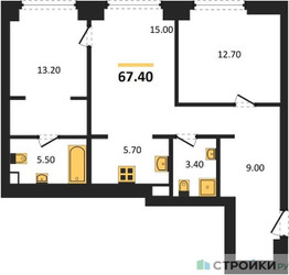 Планировка двухкомнатной(квартира) площадью 67.4 квадратных метров в ЖК “ЖК Upside Towers (Апсайд Тауэрс)”