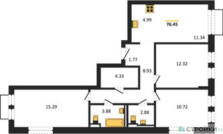 Планировка трехкомнатной(квартира) площадью 76.45 квадратных метров в “ЖК Молжаниново”