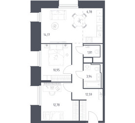 Планировка двухкомнатной(апартаменты) площадью 63.02 квадратных метров в ЖК “ЖК Скай Спутник”