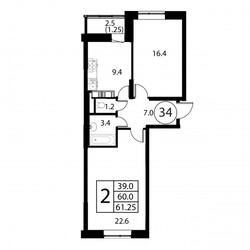 Планировка двухкомнатной(квартира) площадью 61.2 квадратных метров в ЖК “ЖК Космос”