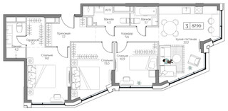Планировка трехкомнатной(квартира) площадью 87 квадратных метров в “ЖК Дрим Рива”
