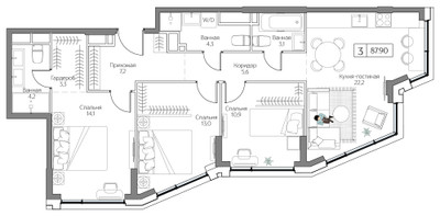 Планировка трехкомнатной(квартира) площадью 87 квадратных метров в ЖК “ЖК Дрим Рива”