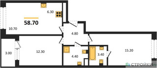 Планировка двухкомнатной(квартира) площадью 58.7 квадратных метров в “Жилые кварталы Белый Град”