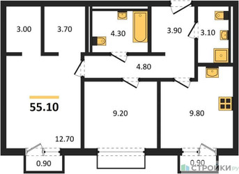 Планировка двухкомнатной(квартира) площадью 55.1 квадратных метров в ЖК “ЖК Равновесие”