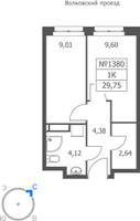 Планировка однокомнатной(апартаменты) площадью 29.75 квадратных метров в “ЖК Волковская 67”